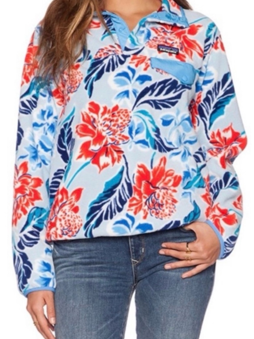 Patagonia Manoa Blue Floral Hawaiian Synchilla Snap T Pullover HTF rare